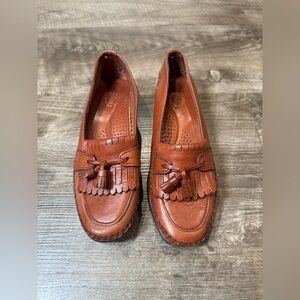 Vintage 90s y2k Dexter USA Leather fringe Loafers 7 M Women's Shoes Tan